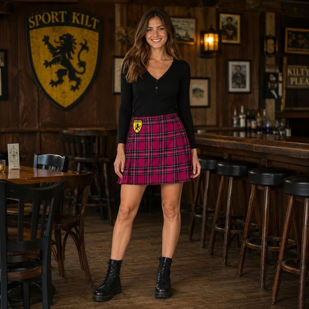 SPORT KILT Women's Mini Skirt Pleated Pink Black MEDIUM Punk Goth Plaid USA MADE